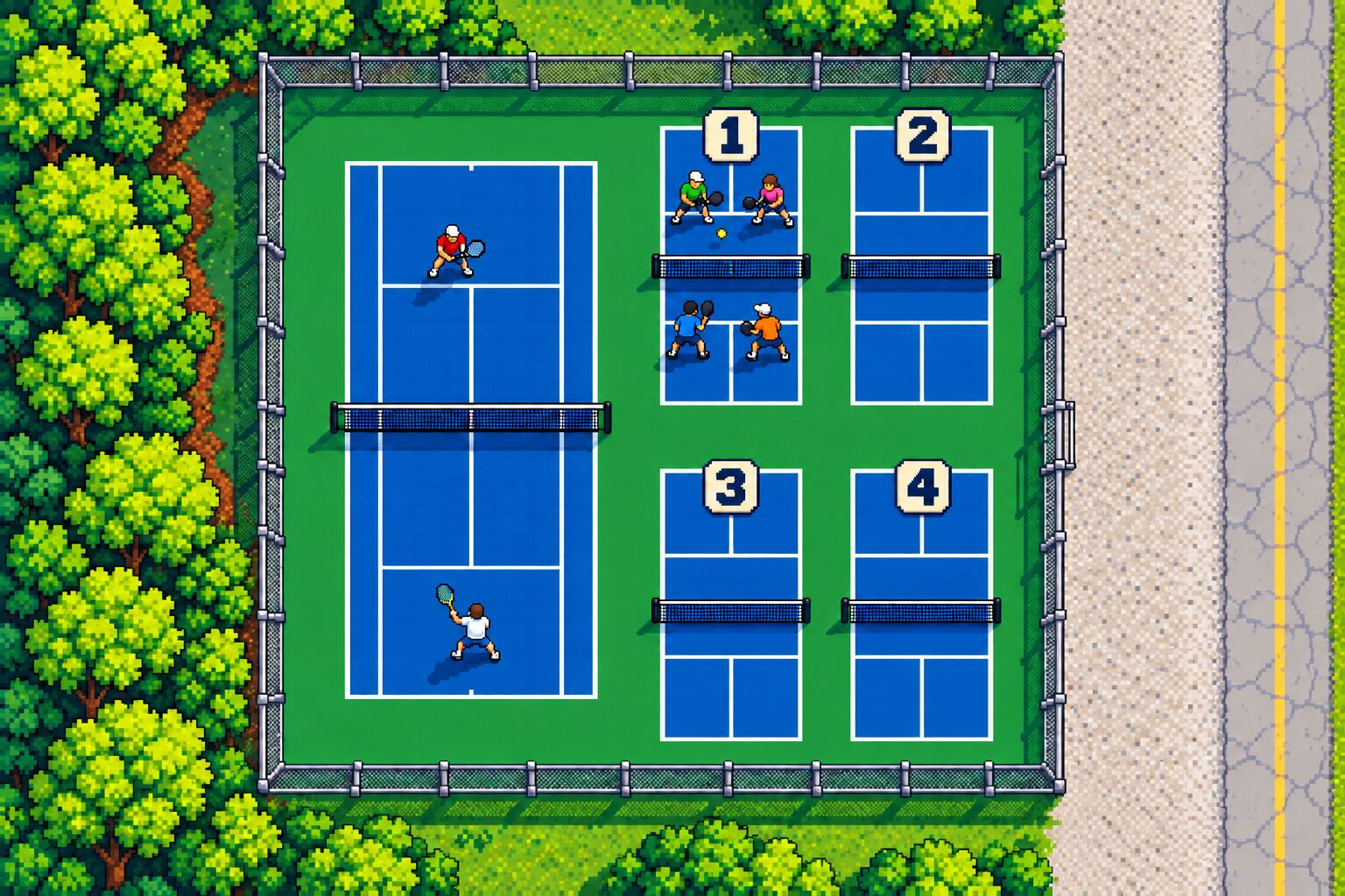 Map of the courts: the tennis court on the left, and pickleball courts 1 and 2 on top with 3 and 4 below, on the right.